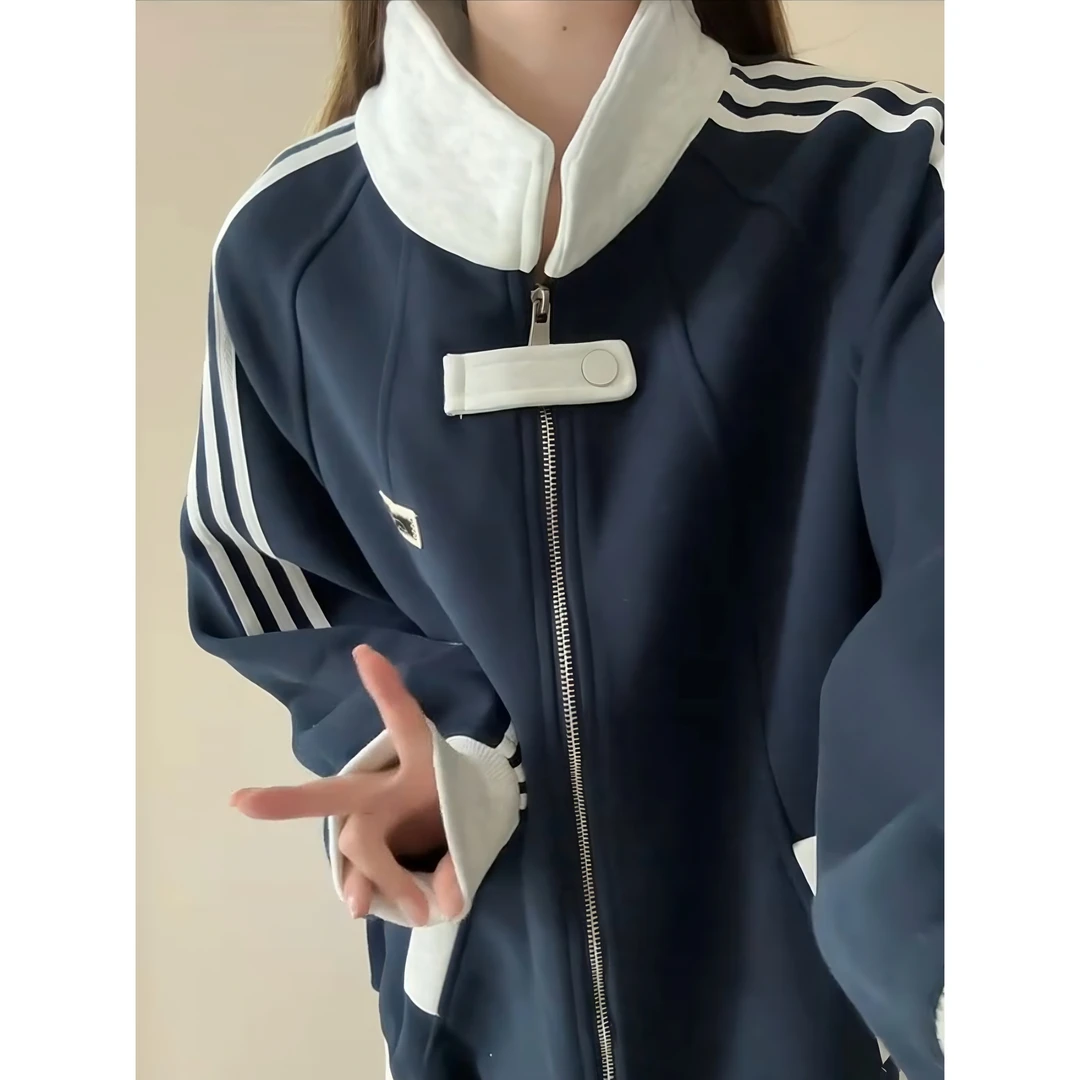 美式拼接撞色运动夹克男女秋冬潮牌三条杠开衫卫衣宽松百搭棒球服