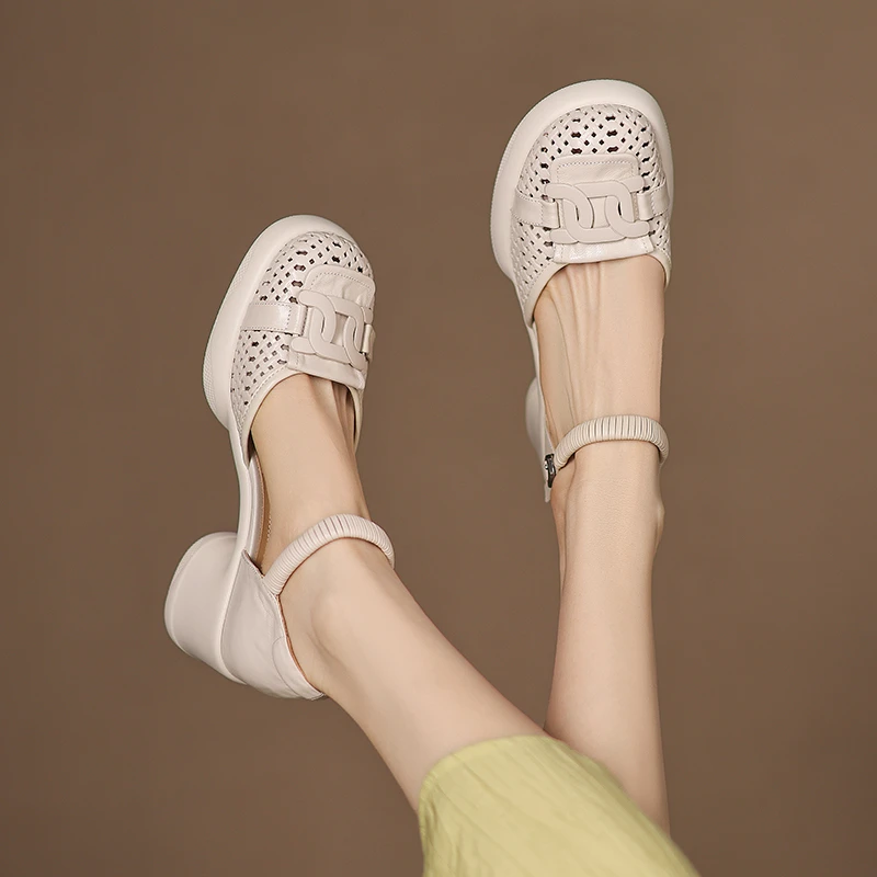 羊皮6厘米 34-40白色百搭夏季真皮软底镂空粗跟复古透气时尚