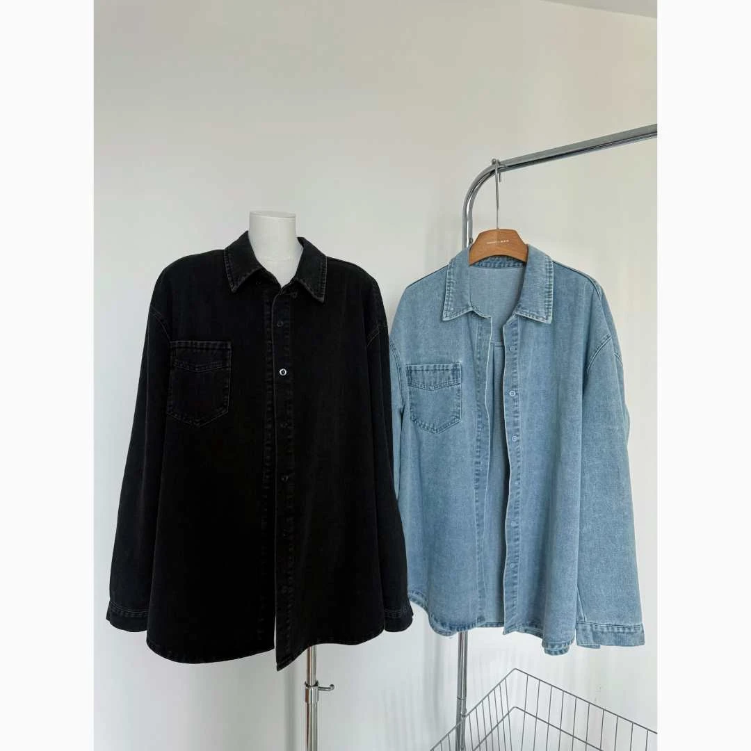 （现货）大码牛仔长袖衬衫宽松做旧水洗牛仔外套女春季复古上衣