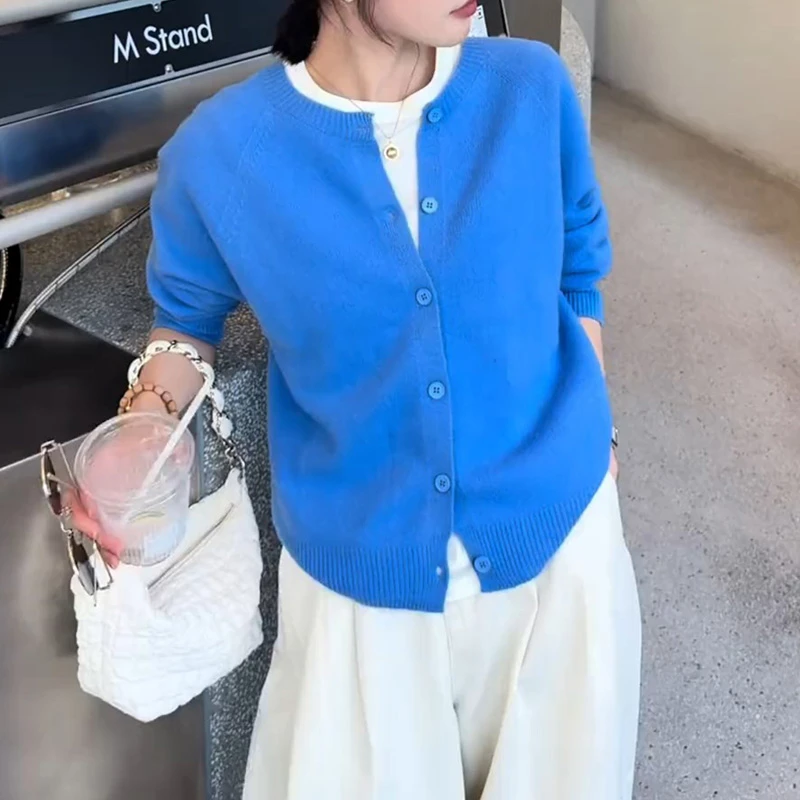 蓝色圆领针织开衫外套女2025新款韩系早秋季穿搭宽松显瘦长袖上衣