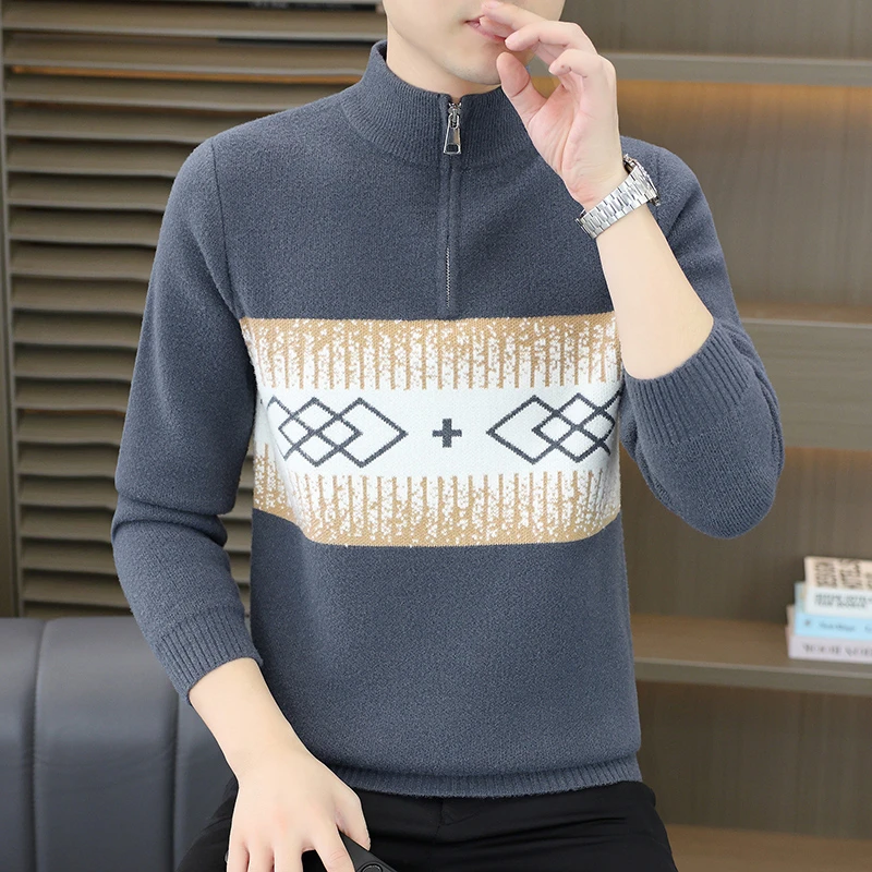 针织毛衣半拉链高领男款秋冬保暖内搭毛线衣男士休闲圆领针织毛衣