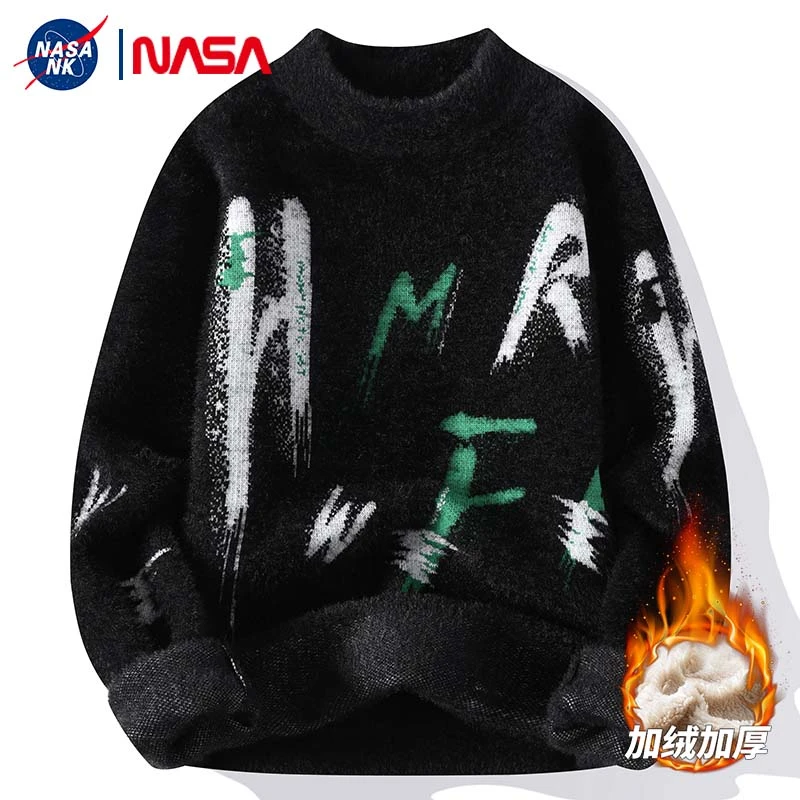 NK NASA联名秋冬季加厚撞色字母针织毛衣男款潮牌保暖休闲打底衫