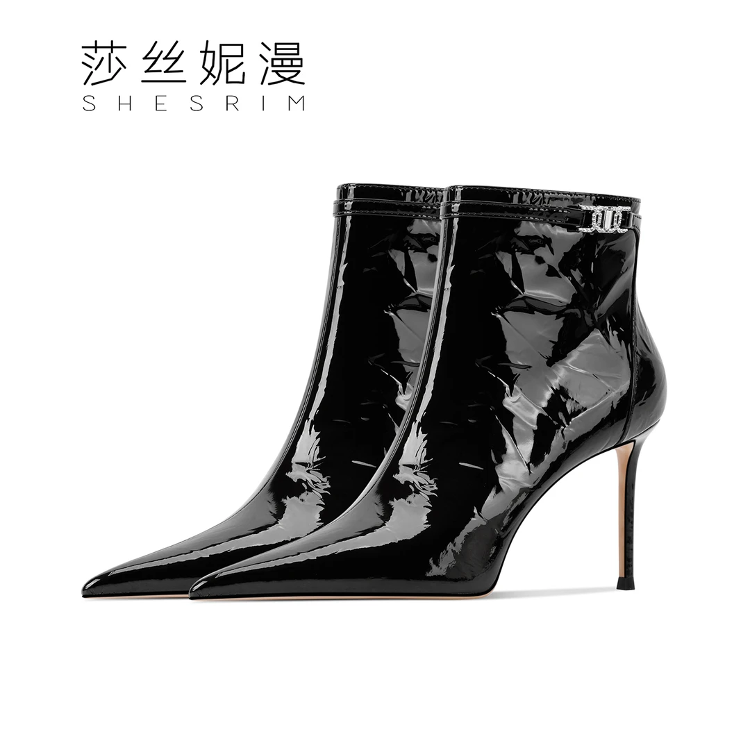 2025新款短靴防滑细跟高跟鞋手抓纹牛皮高跟鞋靴子百搭绒里冬季