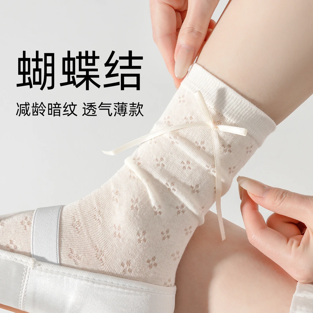 白色蝴蝶结袜子女纯棉夏季薄款网眼透气甜美芭蕾风长袜夏天中筒袜