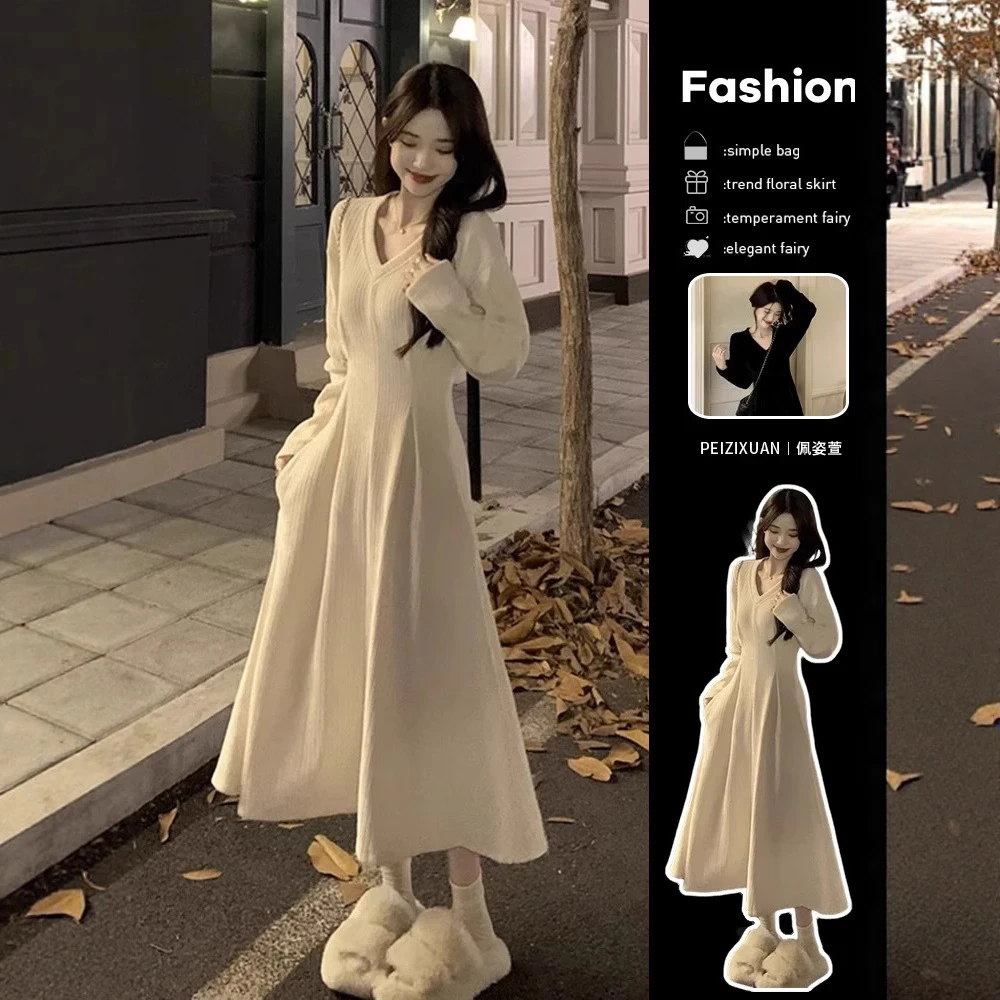 连衣裙长袖显瘦中腰圆领女装围巾领长裙复古辣妈裙子内搭打底衫