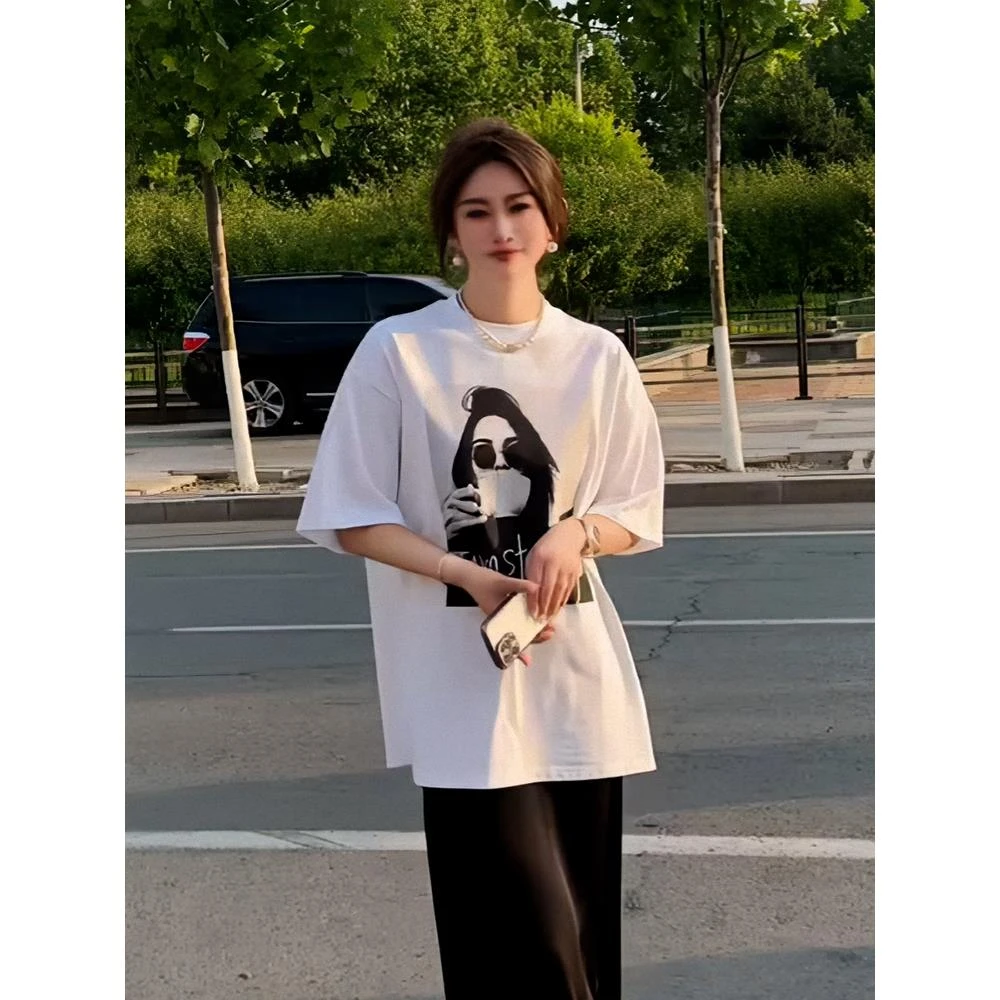 潮流oversize宽松休闲上衣女2025年夏季新款高端别致印花短袖t恤