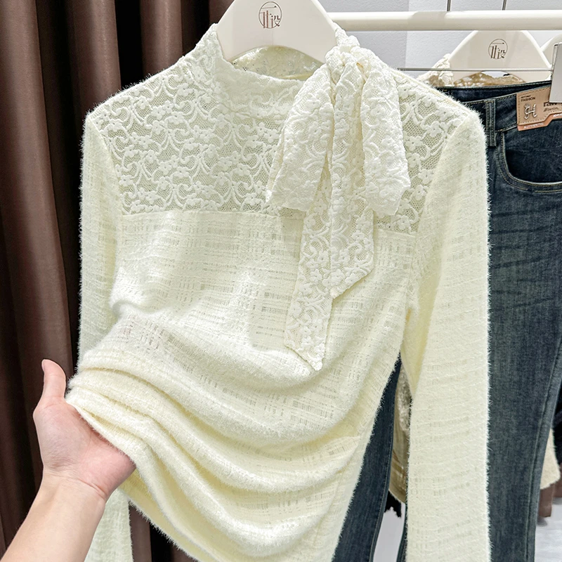 高档杏色蝴蝶结蕾丝上衣女2025秋季新款独特高级感内搭显瘦打底衫