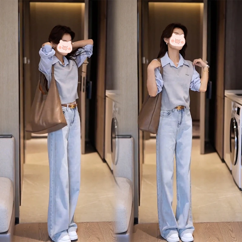 开春一整套女春季新款轻奢气质减龄马甲条纹衬衫牛仔直筒裤三件套