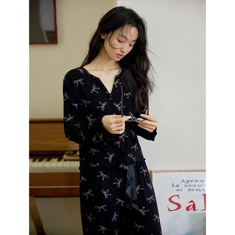 网红睡衣女长袖套装柔软春秋款开衫蝴蝶结高级感时尚可外穿家居服