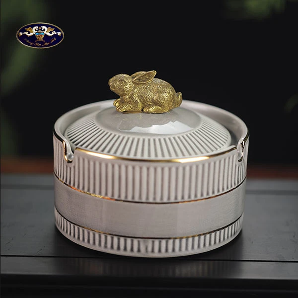 【華禧堂】大号烟灰缸欧式动物带盖铜配瓷轻奢高档卧室/客厅/办公室