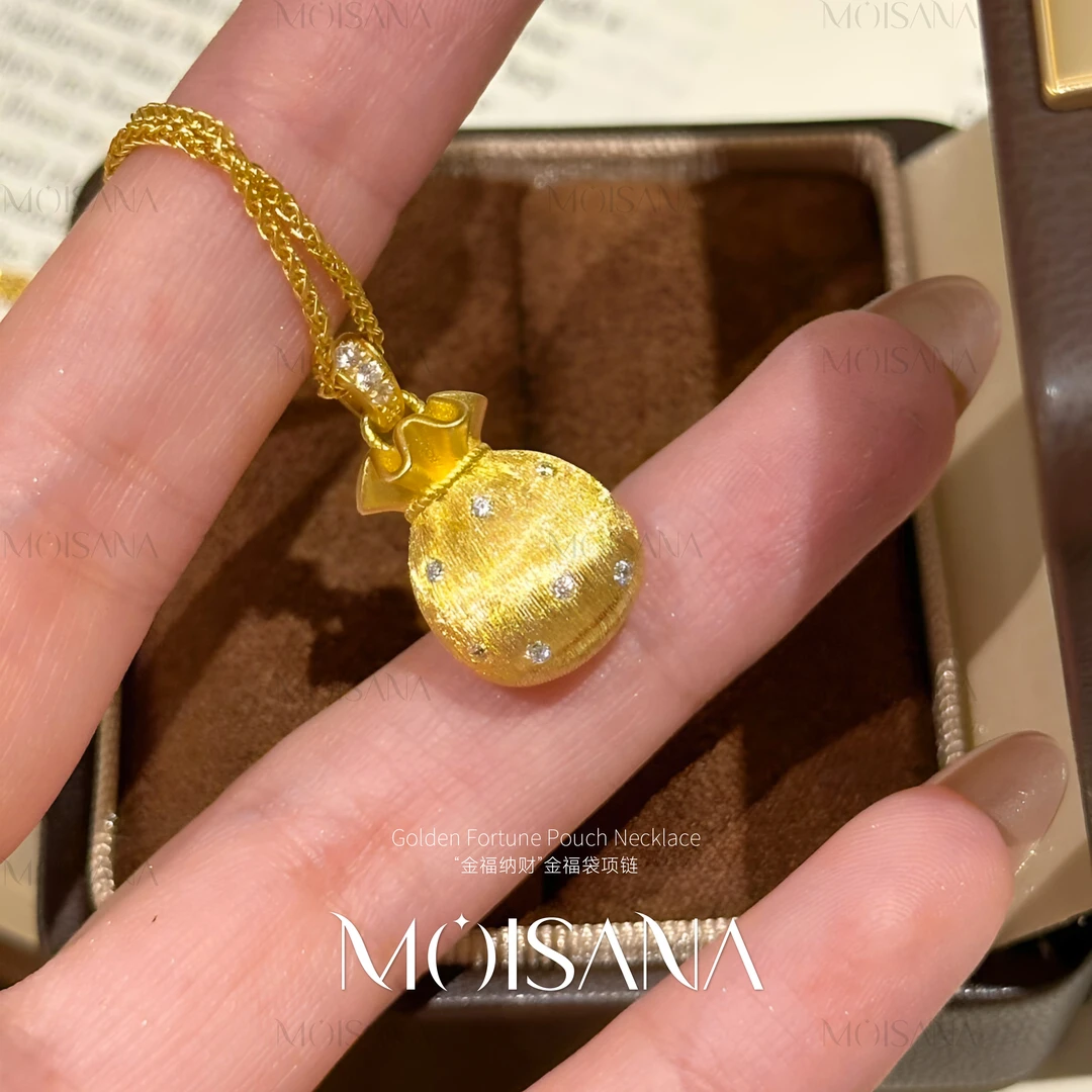 坠链均925银合成锆石 油光拉丝工艺金福袋吊坠项链轻奢气质百搭