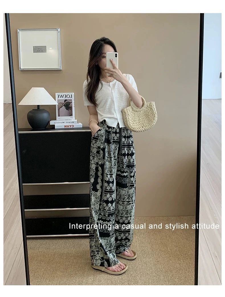 【鞋爱】1001女士抖抖裤冰凉一夏复古印花