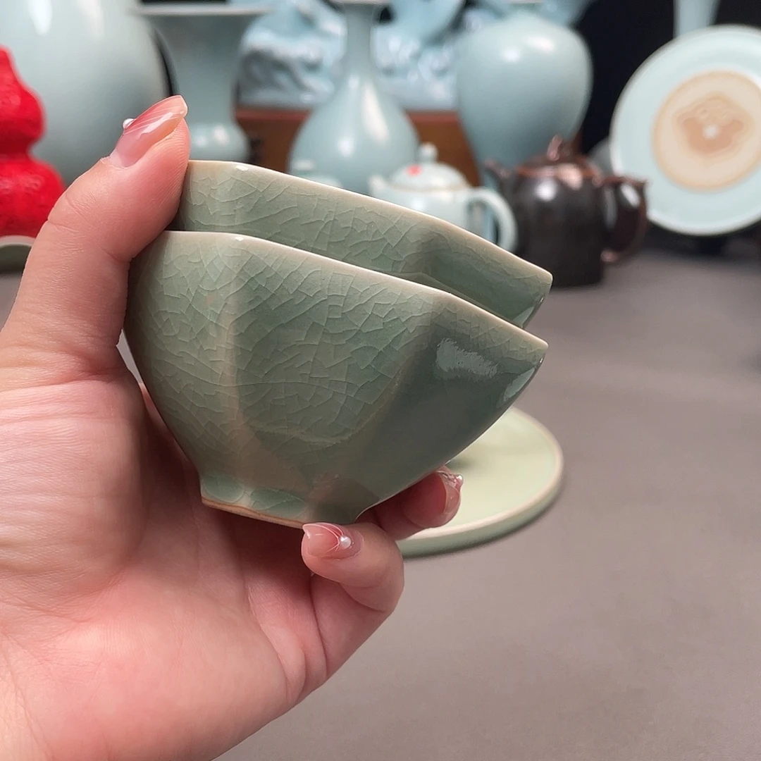 瓷片仿古青绿釉八方杯一对不带礼盒