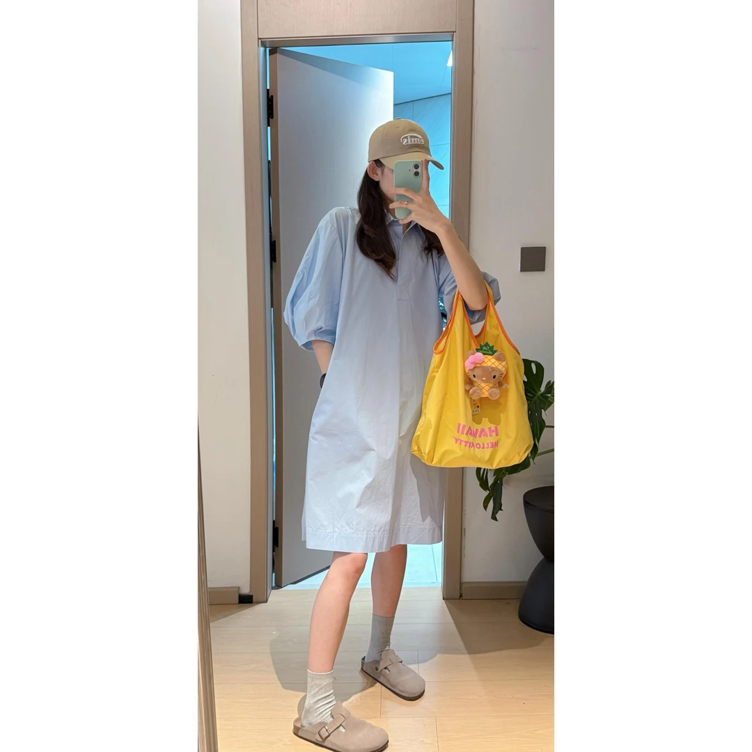 现货2025夏季新款女士休闲宽松泡泡袖连衣裙中长款A字短袖连衣裙