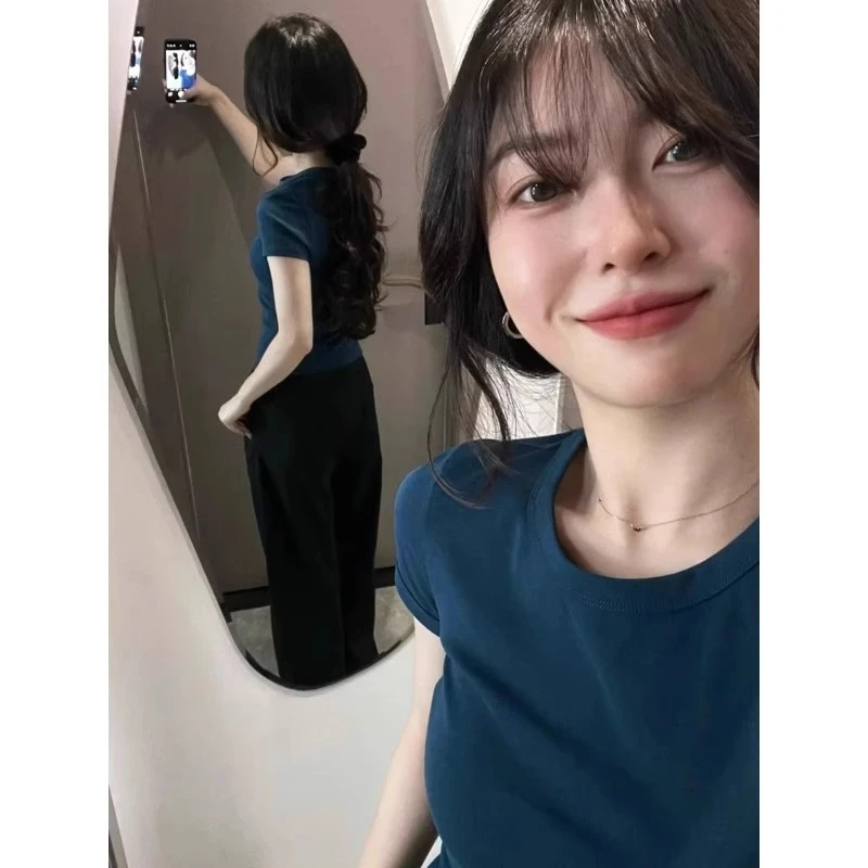 芯娇晴2025新款夏季流行单品多巴胺穿搭显瘦上衣墨蓝短袖t恤女装