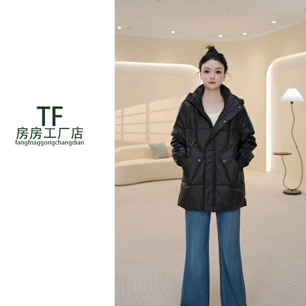 房房-1104 中长款纯色女网红连帽拉链收腰设计师冬季鹅绒服百搭
