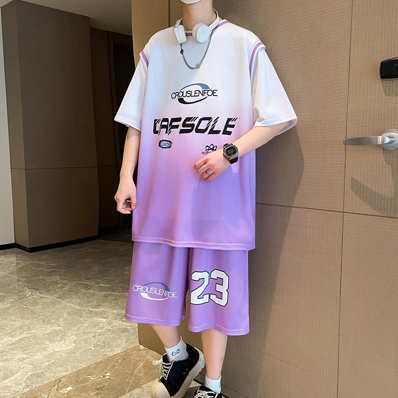 冰丝休闲运动套装男士夏季青少年渐变短袖t恤酷帅气扎染搭配衣服T