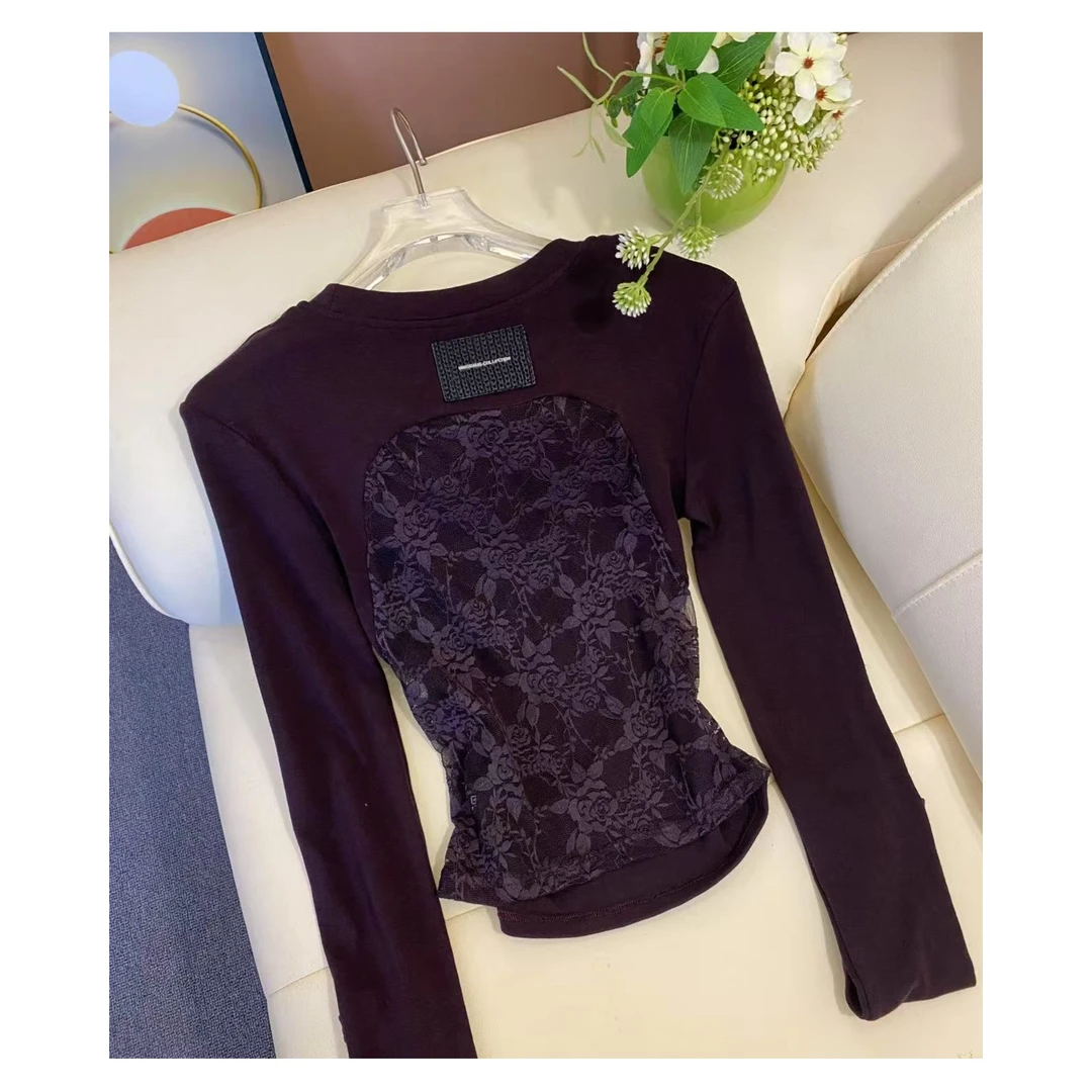 【娜哥601】蕾丝拼接长袖体恤女性感