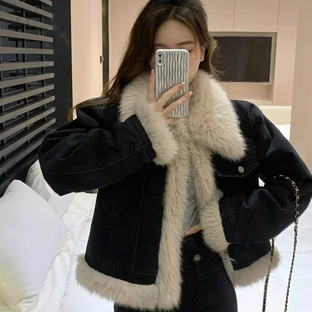 复古棕色美拉德冬季新款高级感短款毛毛仿牛仔棉衣棉服外套女秋冬