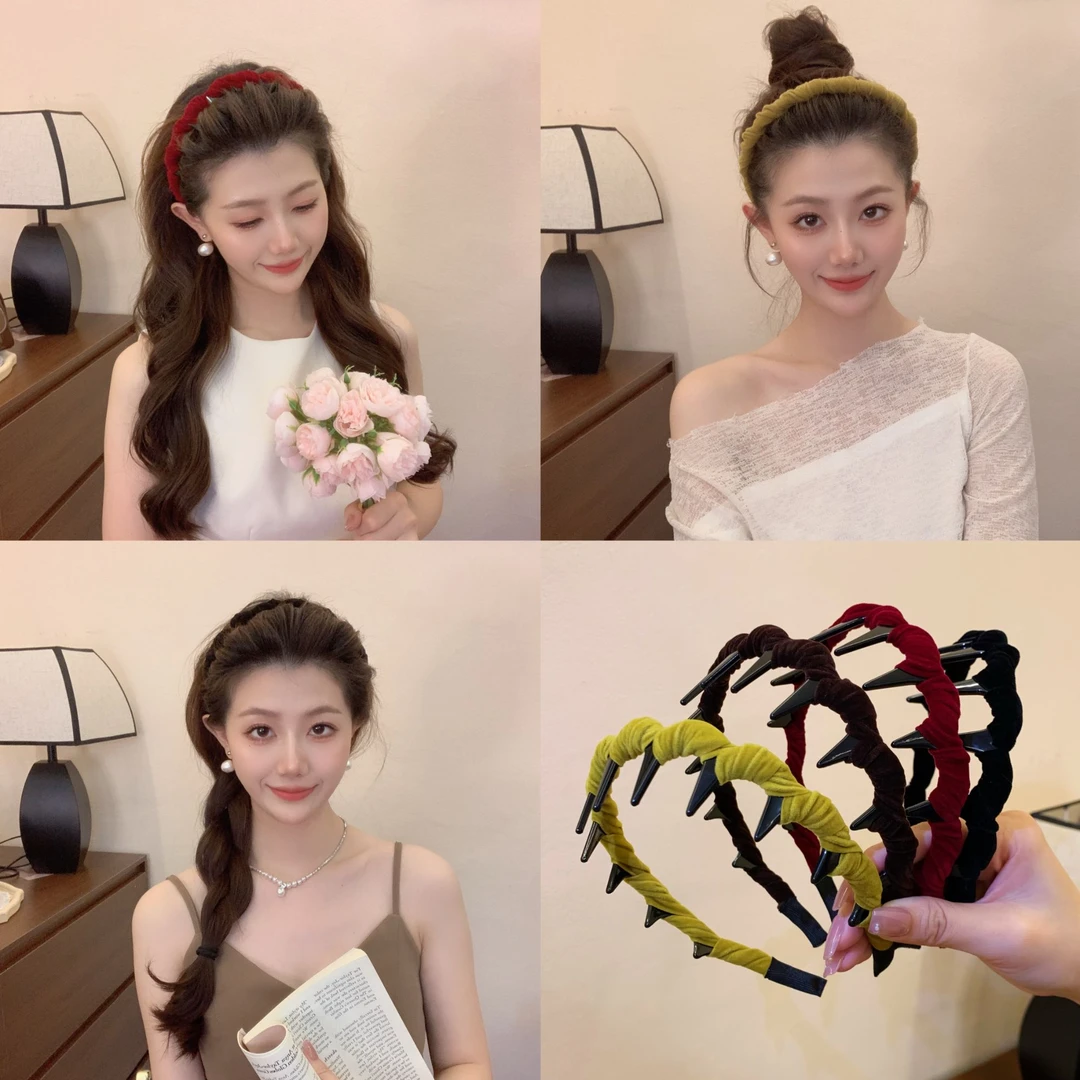 秋冬复古彩色丝绒波浪倒插梳带齿发箍韩版高颅顶头箍