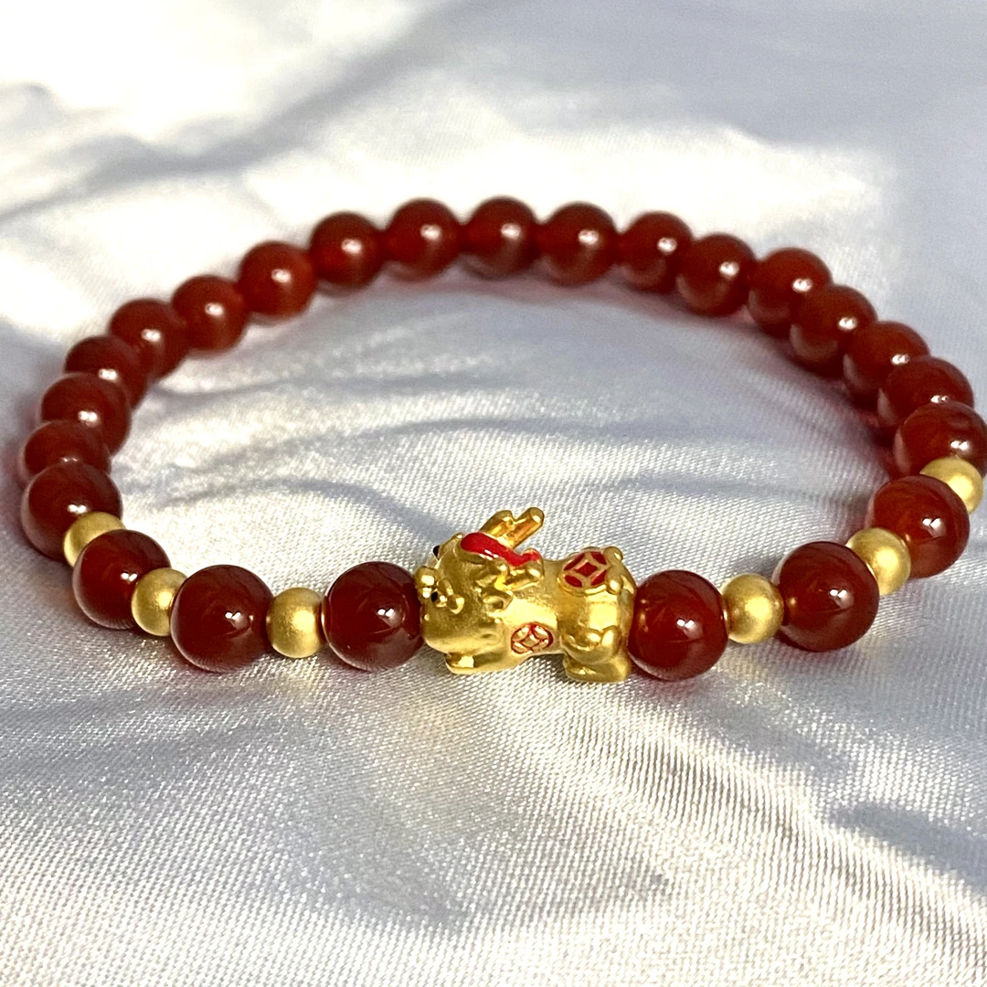 足金999 烧蓝款鸿运当头貔貅+6颗卡4古法金珠穿红玛 瑙手串@@A243