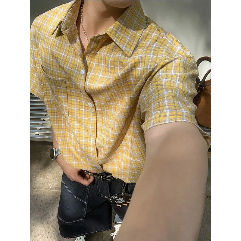 美式经典格子衬衫男短袖夏季高级感痞帅外套宽松潮流休闲半袖衬衣