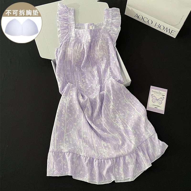 小飞袖睡衣睡裙女生新款夏季带胸垫宽松紫色性感吊带公主风家居服
