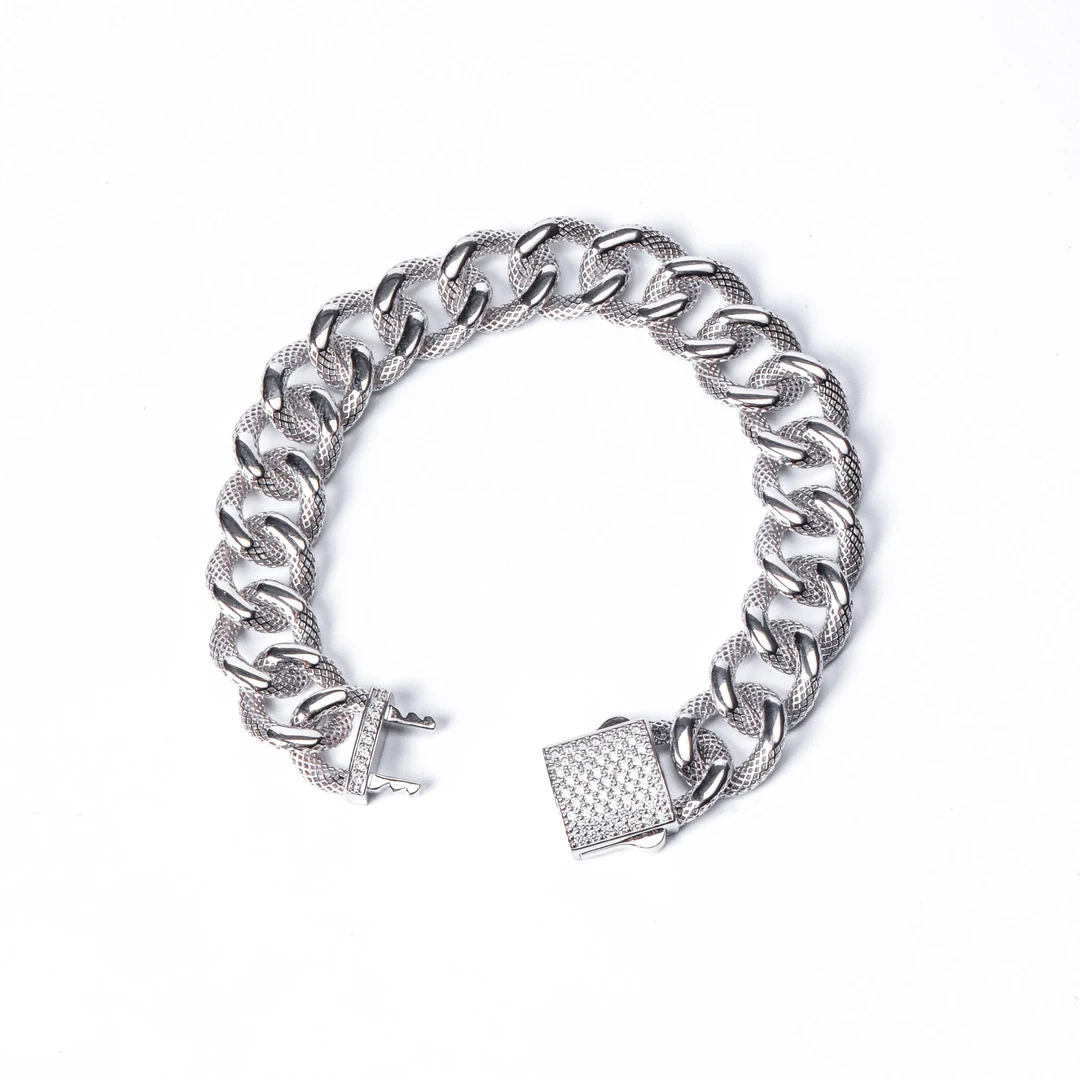 链子925银 S11896 大头姐 镂空意大利精工链条满钻扣坦克手链