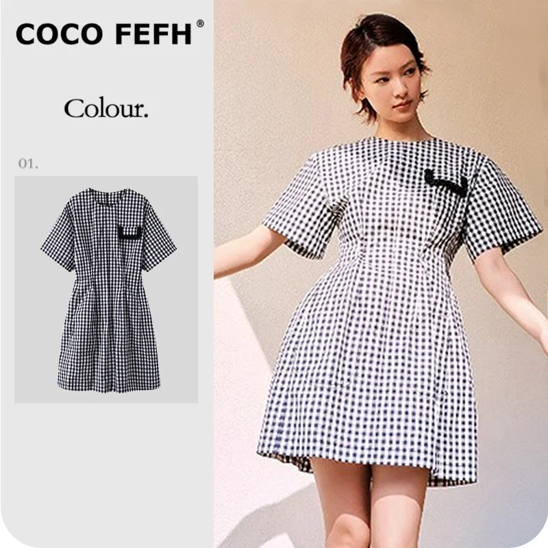 COCO FEFH 【连衣裙】邱天同款短袖连衣裙25夏新款深蓝色泡泡A6665