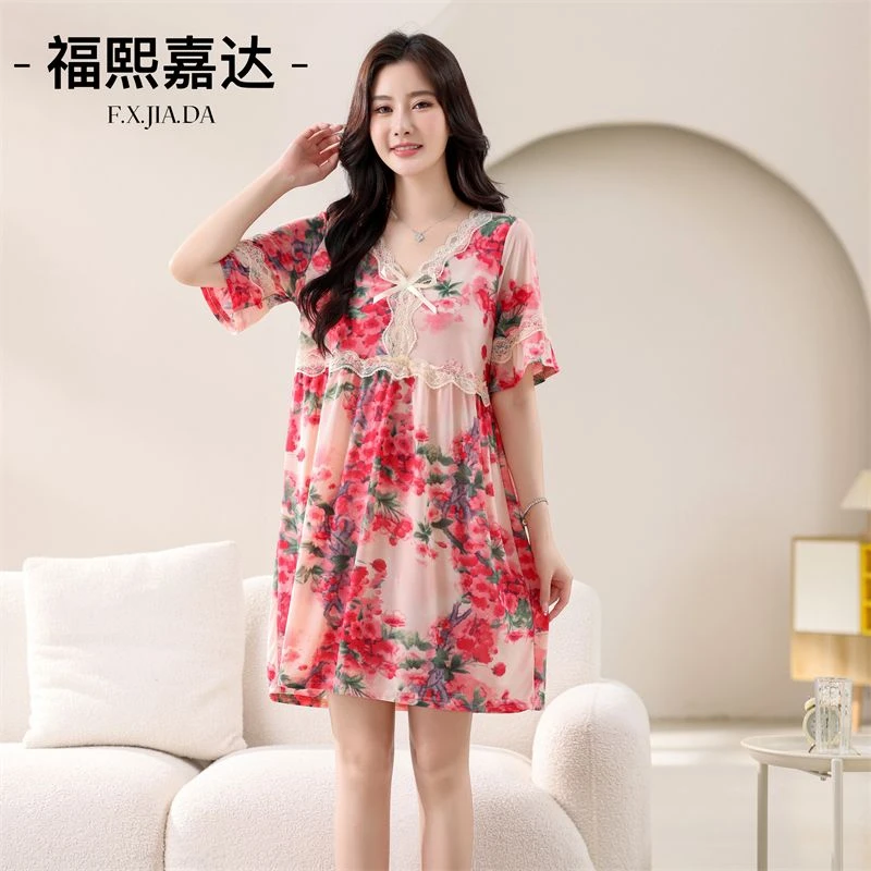 2025网红大码蝴蝶结冰丝网眼透气料睡裙家居服女夏季新款甜美减龄