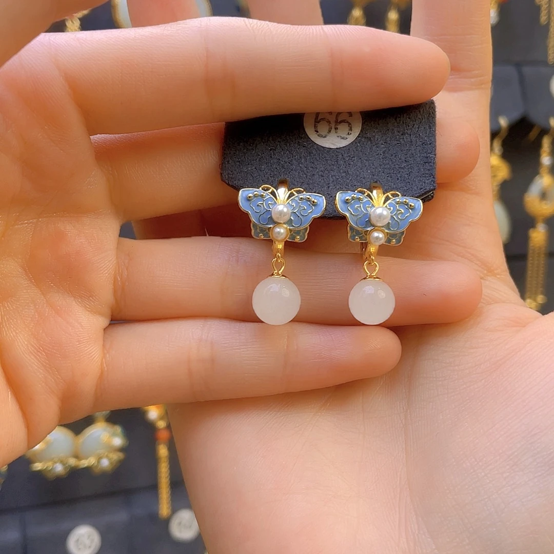 和田玉耳饰银S925镀金镶嵌