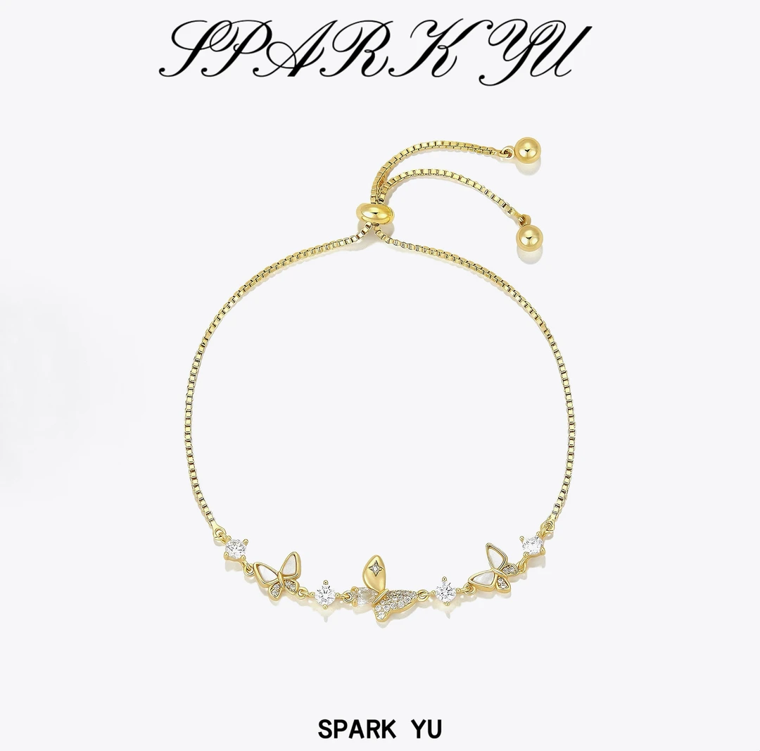 纯铜合成锆石手链 SPARK YU 露珠蝶语手链金色百搭气质
