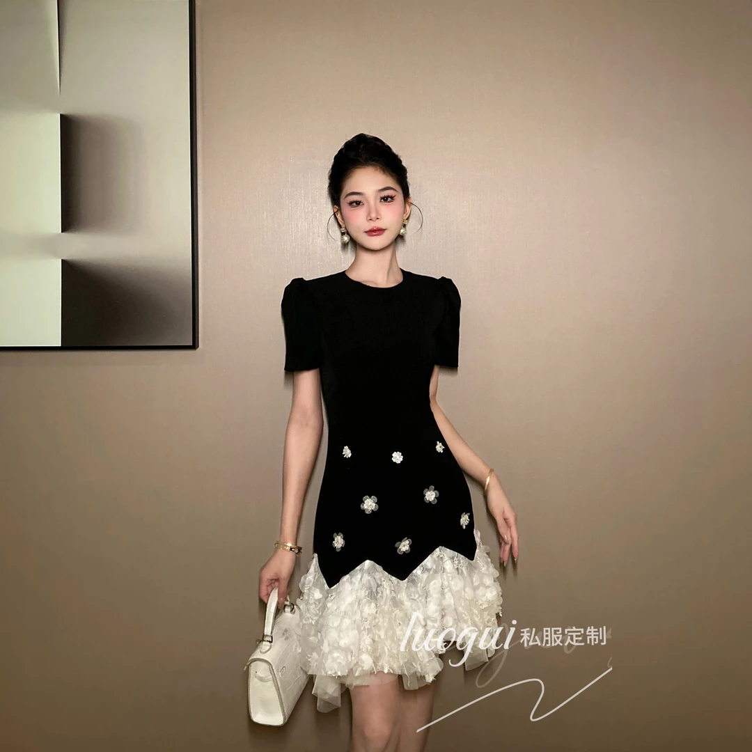 【花花原创】显瘦气质复古名媛拼接设计感收腰时尚小众连衣裙21704