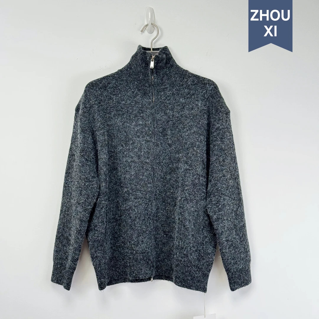 ZHOUXI黑色拉链式毛织开衫
