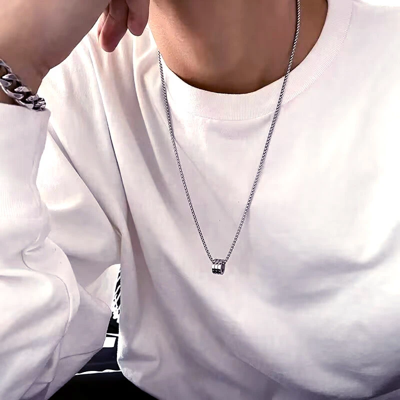 钛钢嘻哈欧美男士项链圆柱小蛮腰小众简约卫衣链配饰毛衣链男长款
