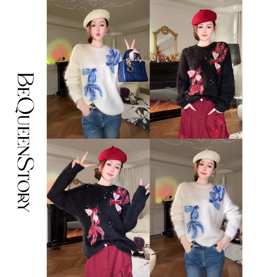 余潇潇【金鱼彩绘】马海毛羊毛莱赛尔立体设计定染手缝珠片圆领毛衣