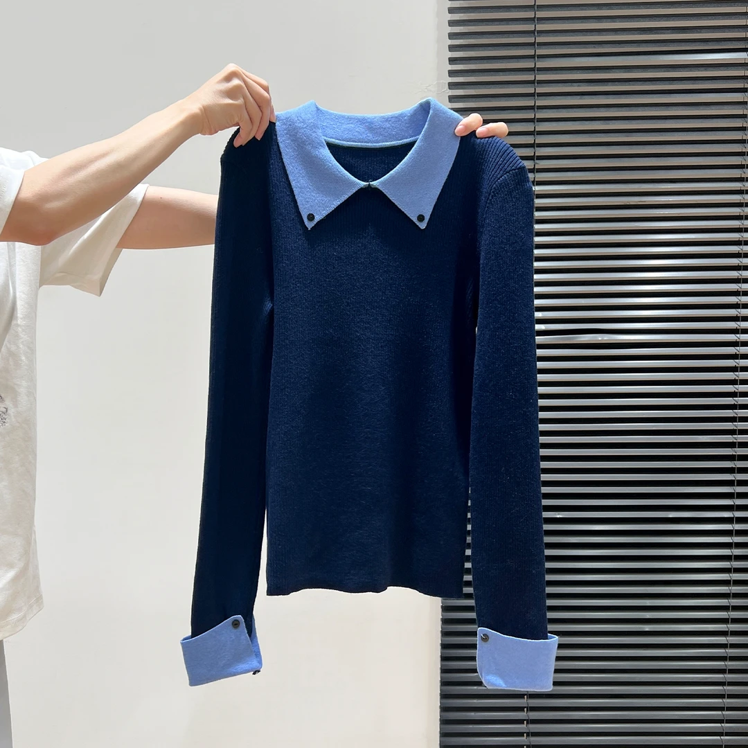 ZB#复古撞色套头Polo领长袖打底衫秋冬季洋气修身显瘦针织衫毛衣