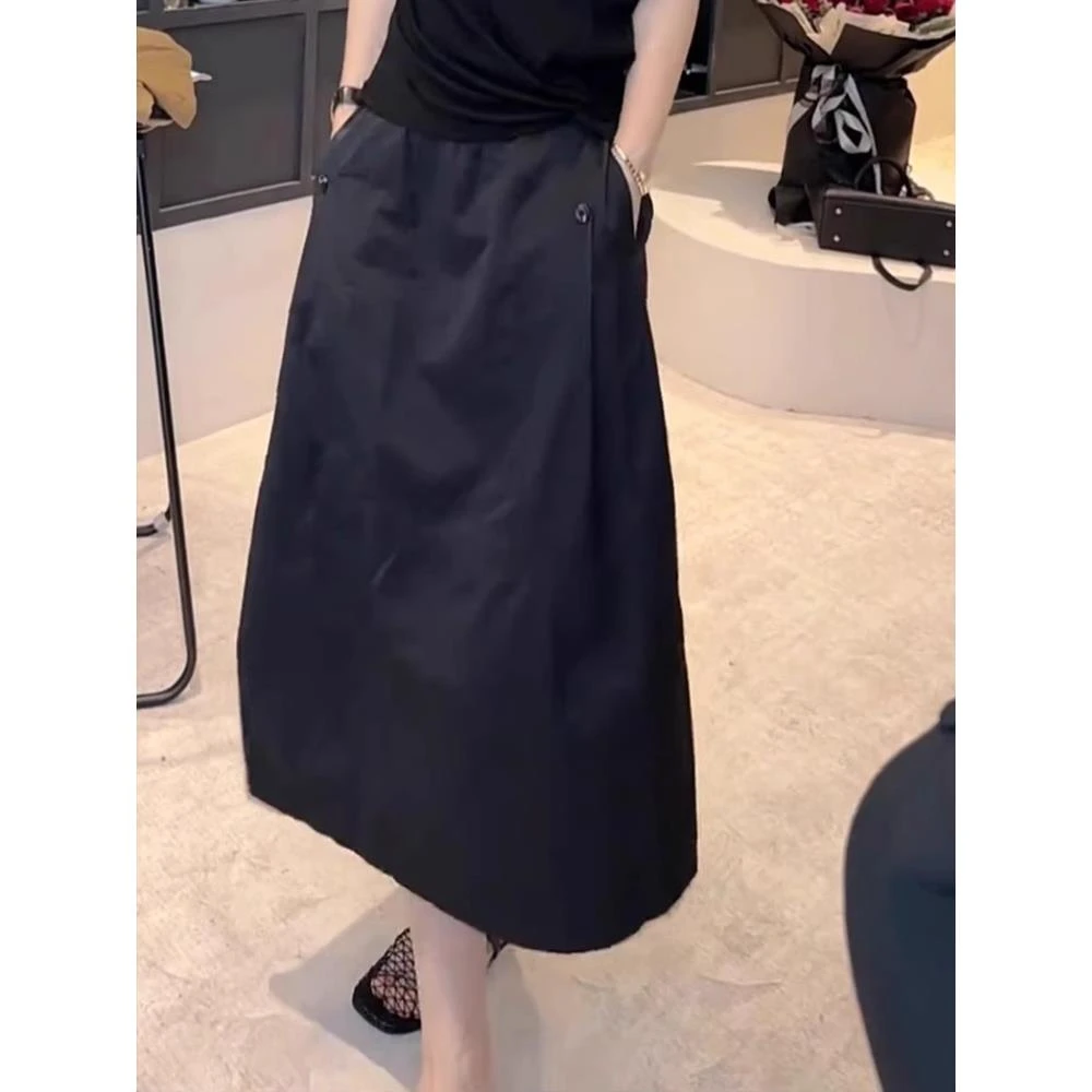 极简风半身裙女夏季新款大码胖mm高腰百搭气质显瘦中长款花苞裙