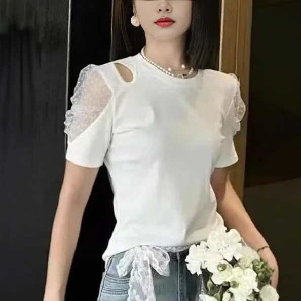 2025夏季新款圆领短袖t恤女洋气纯色百搭显瘦上衣打底衫
