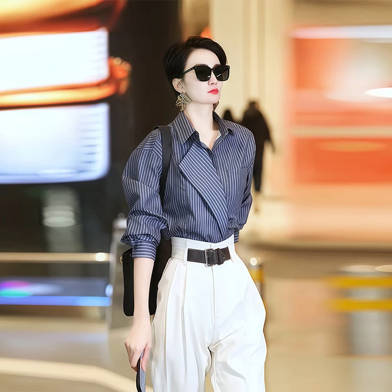 2025新款女秋季衬衣气质条纹衬衫洋气独特别致高级感轻奢上衣2845