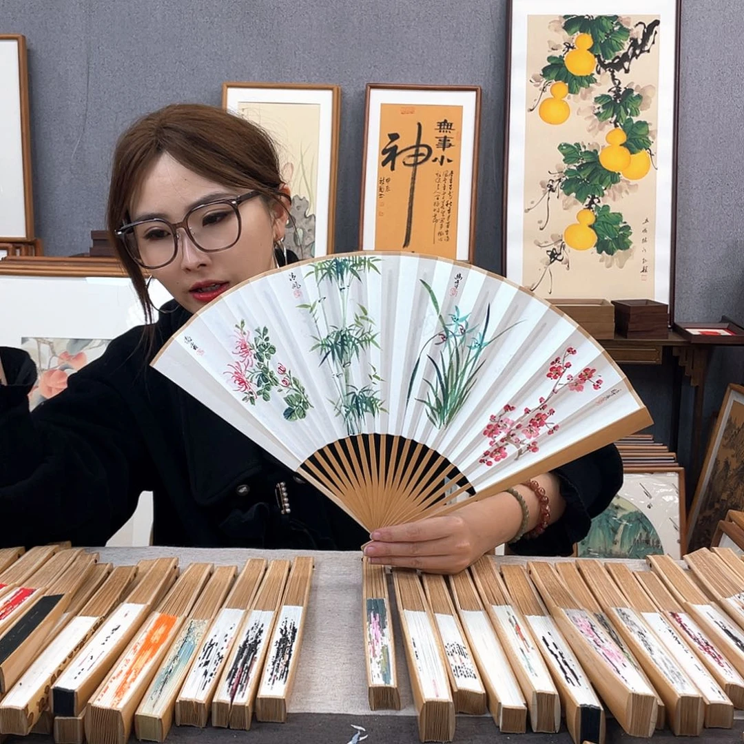 国画95寸玉竹-纯手绘-文玩扇骨（默认粘好）