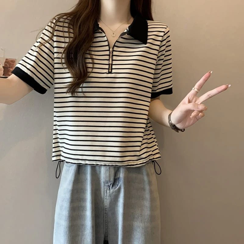 哥弟阿玛施正品大码正肩条纹t恤女新款2025短袖夏季胖mm遮肚子显