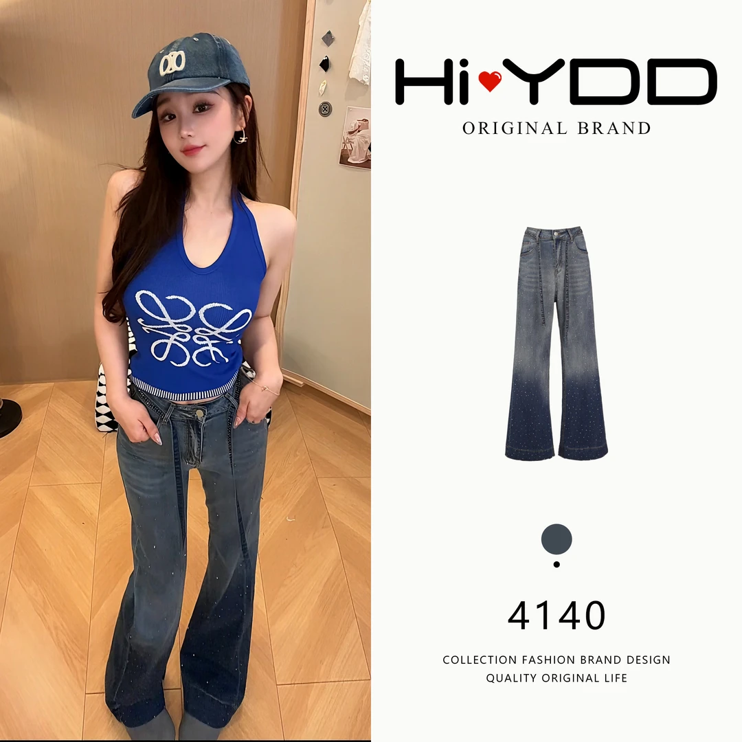 弹力天丝烫钻牛仔裤女2025夏季薄款阔腿裤莱赛尔宽松裤子潮7883