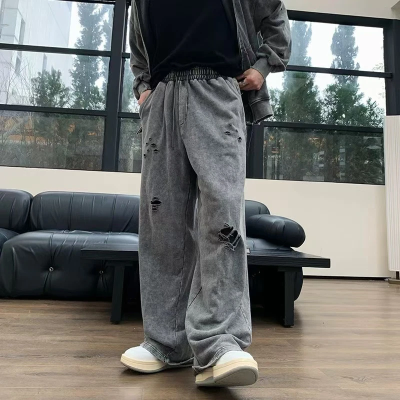 420G美式街头重磅破洞水洗做旧休闲裤2025新宽松垂感运动抽绳长裤