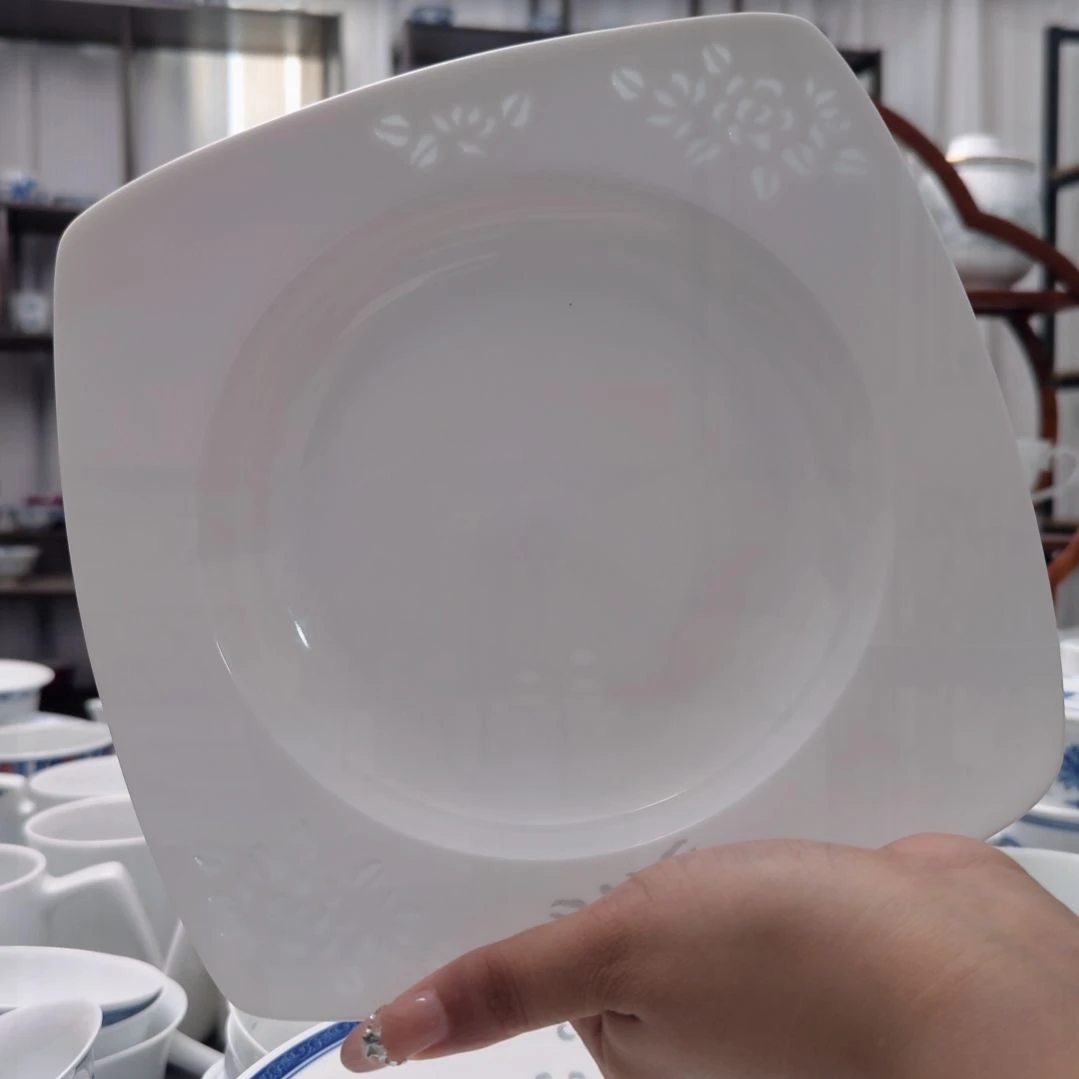 瓷玉牡丹8寸深方盘两只装