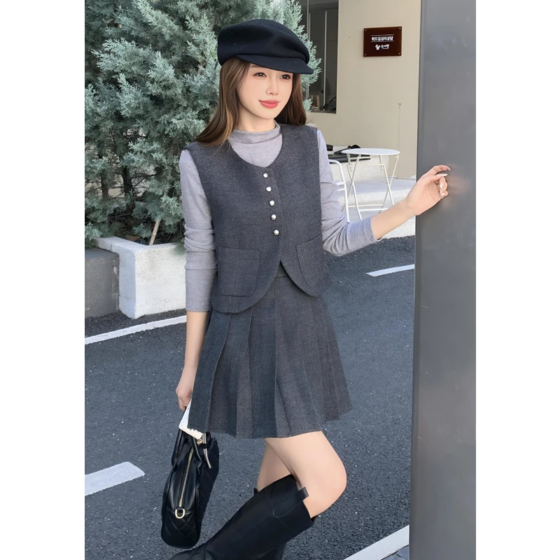 ASY/2025秋季新款学院风套装【小个子】通勤气质弧形马甲三件套裙