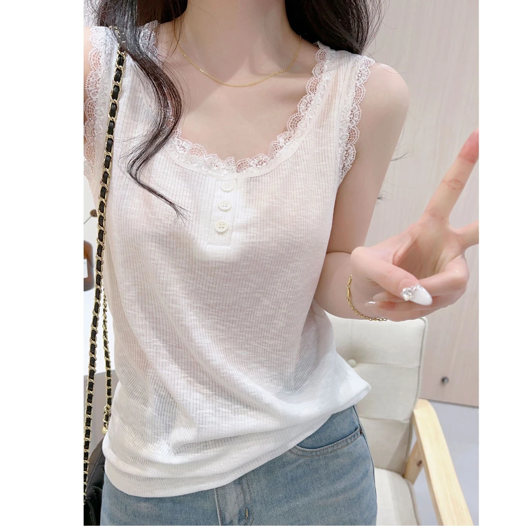 现货 薄款蕾丝花边纽扣背心女夏白色温柔百搭吸汗棉外穿打底吊带