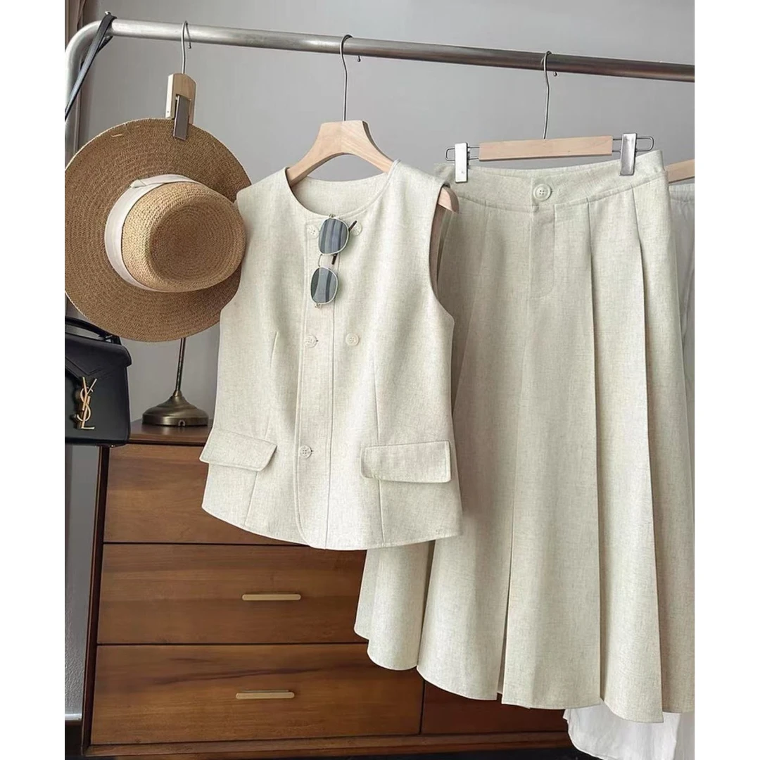 『朱小姐』亚麻混纺西装马甲半身裙 G002