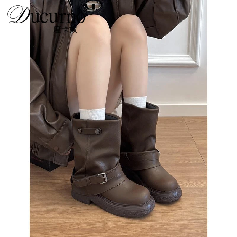 牛皮版~真皮棕色美拉德短靴马丁靴女2025新款英伦风裤管靴骑士靴