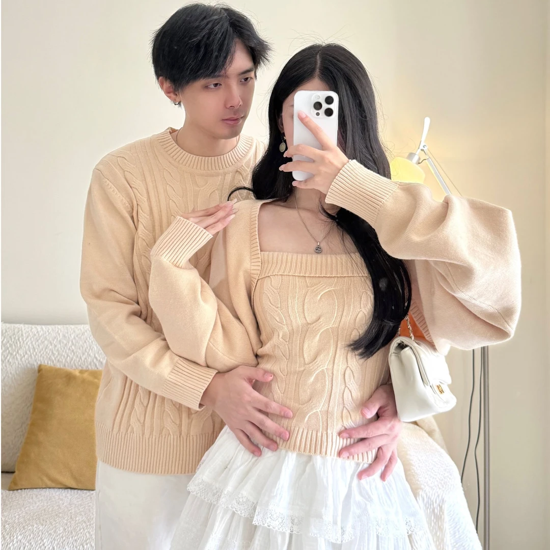 【两件装】双11情侣秋冬季一男一女吊带毛针织衫显瘦抹胸开衫上衣潮